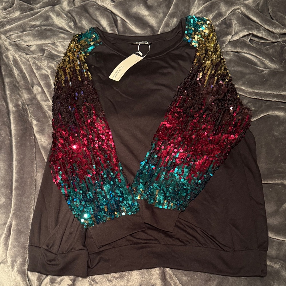 BloomChic Black Sweatshirt with Multicolor Sequin Sleeves